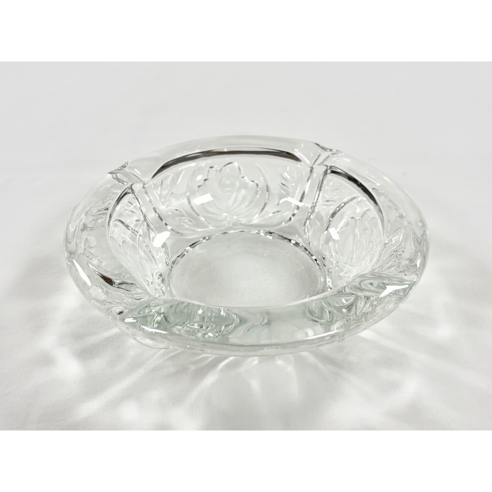 Vintage KIG Indonesia Clear Glass Ashtray Rose Pattern 4 Slot Round Cigar Dish